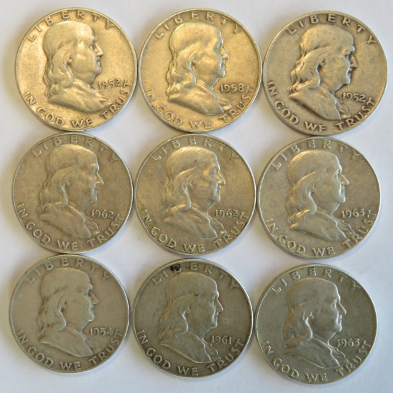 LOT OF (9) FRANKLIN SILVER HALF DOLLARS