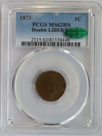1873 DOUBLE LIBERTY INDIAN HEAD CENT - PCGS MS62BN CAC