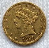 1881-S $5 LIBERTY GOLD HALF EAGLE