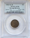 1922 NO D, STRONG REVERSE, LINCOLN WHEAT CENT - PCGS AU50