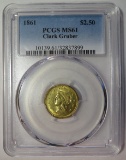 1861 CLARK GRUBER $2.50 GOLD COIN - PCGS MS61