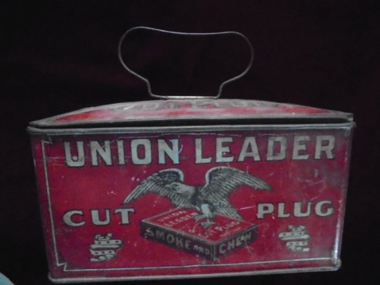 OLD "LUNCH BOX STYLE" UNION LEADER CUT PLUG TOBACCO TIN-GRAPHIC