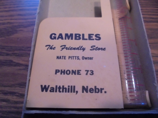 OLD "GAMBLE STORE" ADVERTISING RAIN GAUGE IN BOX-WALTHILL NEBRASKA