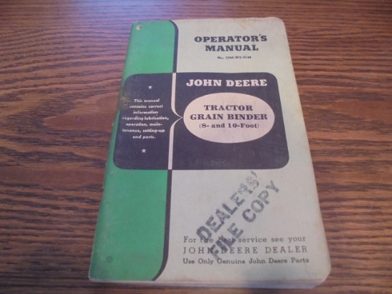 OLD JOHN DEERE OPERATOR'S MANUAL FOR A "TRACTOR GRAIN BINDER"