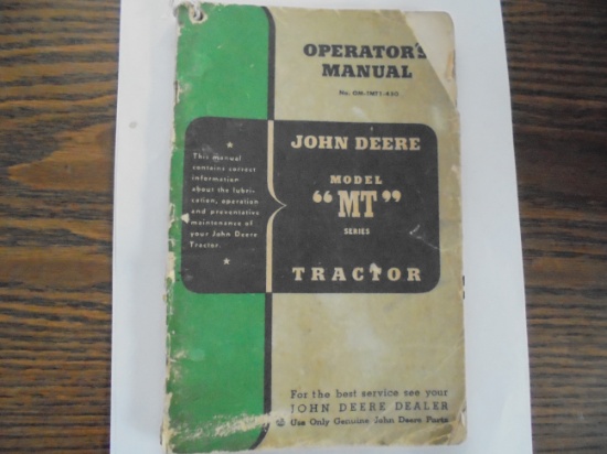 OLD JOHN DEERE OPERATORS MANUAL FOR A MODEL "MT" TRACTOR