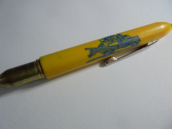 OLD CUSTOM CORN SHELLING ADVERTISING BULLET PENCIL OR PEN WITH OLD TRUCK GRAPHIC