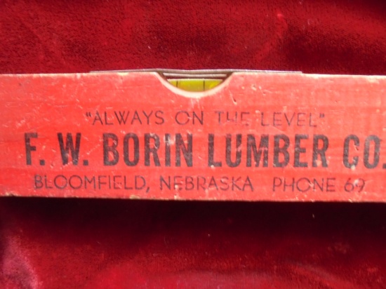 OLD WOOD ADVERTISING RULE AND LEVEL FROM BORIN LUMBER CO. OF BLOOMFIELD NEBRASKA