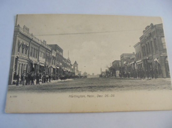 REAL PHOTO POST CARD FROM 1905 OF HARTINGTON NEBRASKA MAIN STREET
