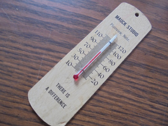 OLD CARDBOARD BACKED ADV. THERMOMETER FROM "MAUCK STUDIO" OF PLAINVIEW NEBRASKA