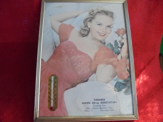 VINTAGE ADVERTISING PICTURE W/ THERMOMETER FROM PLAINVIEW NEBRASKA