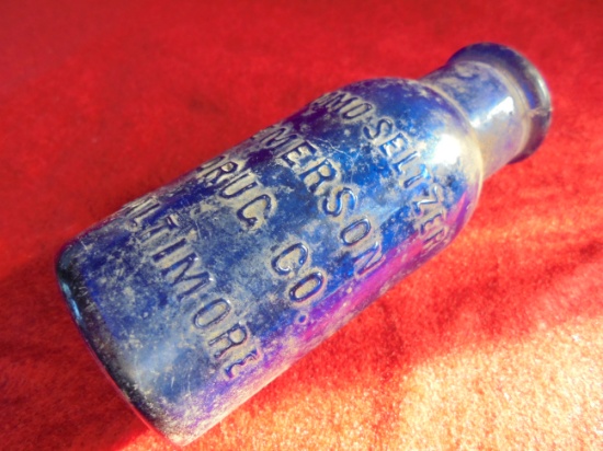 OLD COBALT BLUE MEDICINE BOTTLE WITH CORK TOP "BROMO SELTZER"