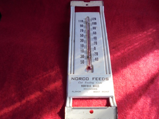 OLD TIN ADVERTISING THERMOMETER FROM "NORCO FEEDS"-NORFOLK MILLS NORFOLK NEBRASKA--8 INCHES TALL