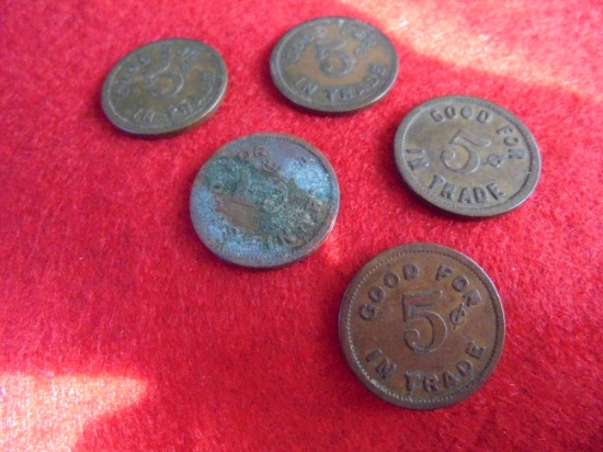 GROUP OF 5 OLD TRADE TOKENS-4 SAY "MEET AT GABLERS" BUT DOES NOT HAVE WINSIDE NEBRASKA