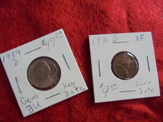 2 OLD COINS FOUND IN THE ESTATE-1931-D PENNY & 1939-D NICKEL