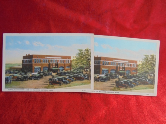 THIS IS A PAIR OF THE SAME POST CARD--"NORFOLK LIVE STOCK SALES BUILDING" OF NORFOLK NEBRASKA-EARLY