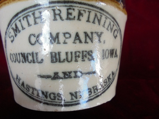 OLD "SMITH REFINING" COUNCIL BLUFFS IOWA & HASTINGS NEBRASKA ADVERTISING MINI STONEWARE JUG