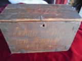 1843 DATED PINE BOX WITH JOINTED CONSTRUCTION AND WHAT LOOKS LIKE ORIGINAL FINISH-STUNNING