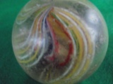 OLD LARGE SWIRL MARBLE WITH COLORFUL CORE-NICKS AND SCRATCHES