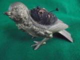 ANTIQUE POT METAL GOLD COLORED BIRD PIN CUSHION MARKED 