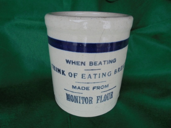OLD ADVERTISING CROCK OR STONEWARE BEATER JAR "MONITOR FLOUR" -VERY COUNTRY PRIMITIVE