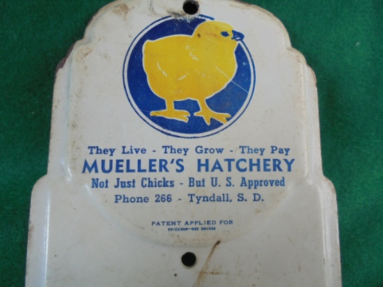 OLD ADVERTISING BROOM HOLDER WITH "CHICK" GRAPHIC--TYNDALL SOUTH DAKOTA
