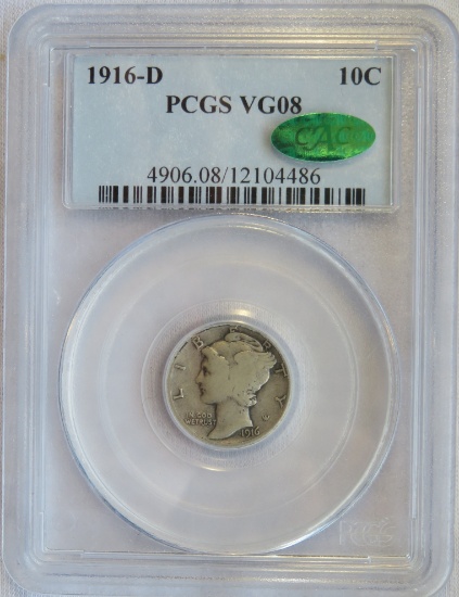 1916-D MERCURY DIME - PCGS VG8  WITH CAC