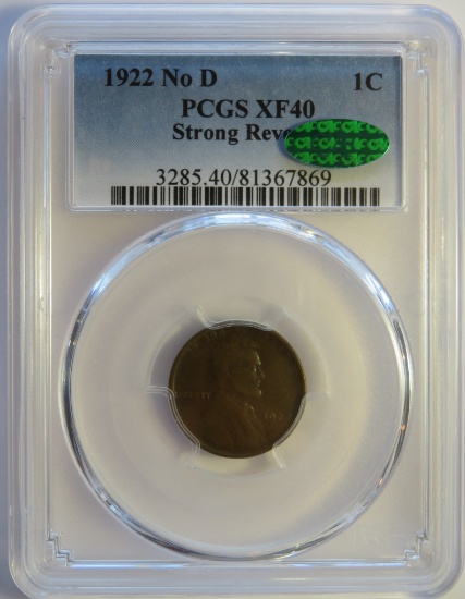 1922 NO D, STRONG REVERSE, LINCOLN WHEAT CENT - PCGS XF40 CAC