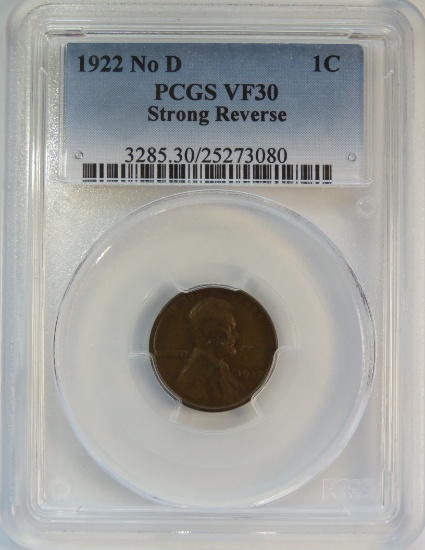 1922 NO D, STRONG REVERSE, LINCOLN WHEAT CENT - PCGS VF30