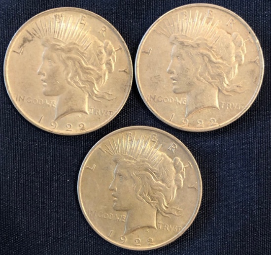 SET OF (3) PEACE SILVER DOLLARS -- 1922 & 1922-D