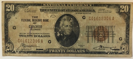 1929 $20 FEDERAL RESERVE BANK OF CHICAGO - NATIONAL CURRENCY NOTE