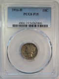 1916-D MERCURY DIME - PCGS F15