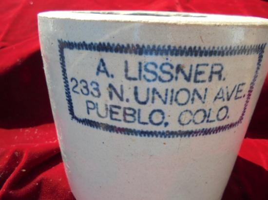 OLD STONEWARE OPEN CROCK WITH ADVERTISING "A. LISSNER" & PUEBLO, COLO