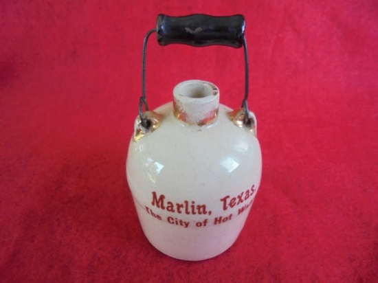 OLD STONEWARE "MINI-MONKEY JUG" FEATURING "MARLIN TEXAS" ON THE FRONT