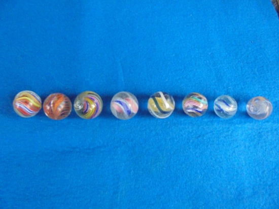 OLD GROUP OF (8) SWIRL TYPE MARBLES-DIFFERENT SIZES AND COLOR COMBINATIONS