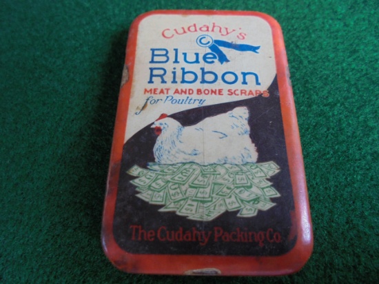 OLD "CUDAHY BLUE RIBBON" CHICKEN FEED ADVERTISING POCKET HONE