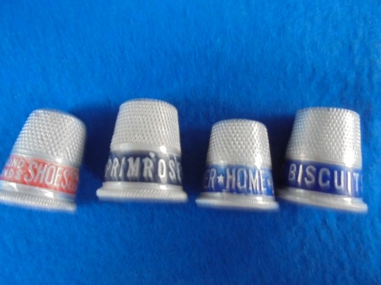 (4) OLD ADVERTISING THIMBLES-SIOUX BISCUITS-HOOVER-PETERS SHOES-PRIMROSE CREAM SEPARATORS