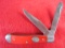 NEVER CARRIED (2) BLADE POCKET KNIFE WITH RED HANDLE AND TRACTOR GRAPHIC