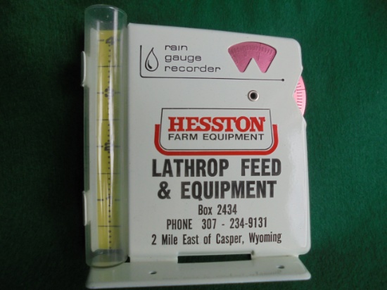 NEW OLD STOCK-"HESSTON FARM EQUIPMENT" ADVERTISING RAIN GAUGE STILL IN BOX