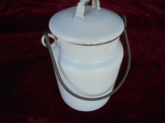 OLD WHITE ENAMEL MILK BUCKET WITH LID--7 INCHES TALL