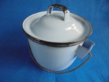 VINTAGE SMALL BLUE ENAMEL POT AND LID-QUITE NICE