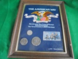 AMERICAN CENTENNIAL FRAMED PICTURE WITH BICENTENNIAL COINS AND STAMPS