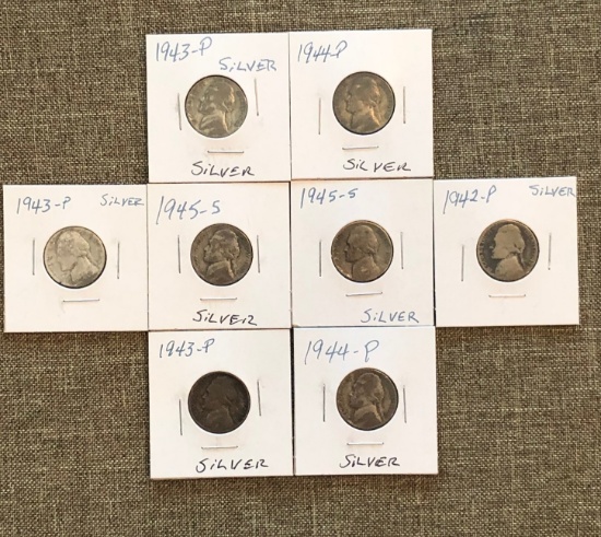 (8) Wartime Silver Jefferson Nickels - 35% Silver Coins