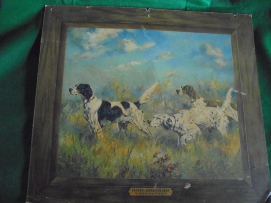 VINTAGE "FEDERAL CARTRIDGE CORP" ADVERTISING STORE SIGN WITH "HUNTING DOGS"