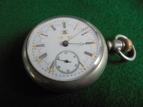 OLD POCKET WATCH W/ FANCY DIAL & "W-CO" MARK ON DIAL AND DUEBER GRAND ON INSIDE