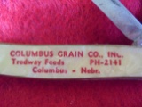 OLD COLONIAL TWO BLADE POCKET KNIFE WITH ADVERTISING FROM COLUMBUS GRAIN, COLUMBUS NEBRASKA