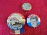 (3) OLD RANDOM PIN BACK BUTTONS-KENNEDY-MARCH OF DIMES AND FREEDOM TRAIN