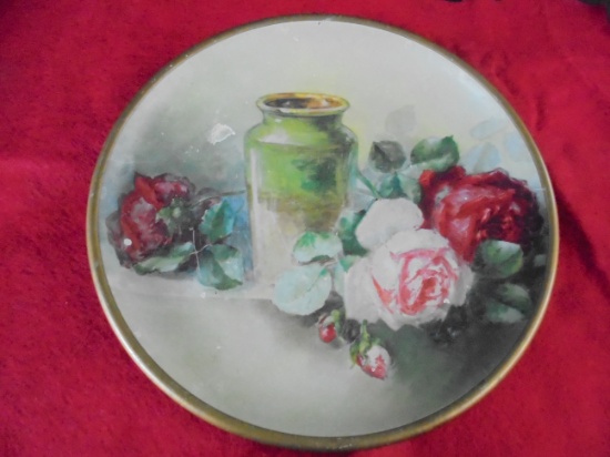 ANTIQUE METAL WALL PLATE WITH FLOWERS-BACK HAS ADVERTISING FROM YANKTON SOUTH DAKOTA
