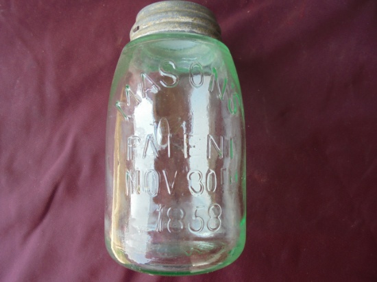 OLD MASON PAT. FRUIT JAR WITH ZINC LID-1858 PAT. EMBOSSED ON FRONT