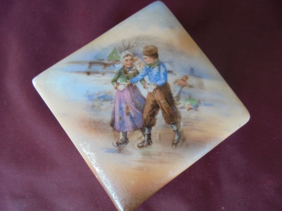 OLD PORCELAIN BOX WITH "ICE SKATERS" ON LID-MARKED "ROYAL BAYREUTH" BAVARIA