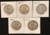 SET OF (5) WALKING LIBERTY HALF DOLLARS